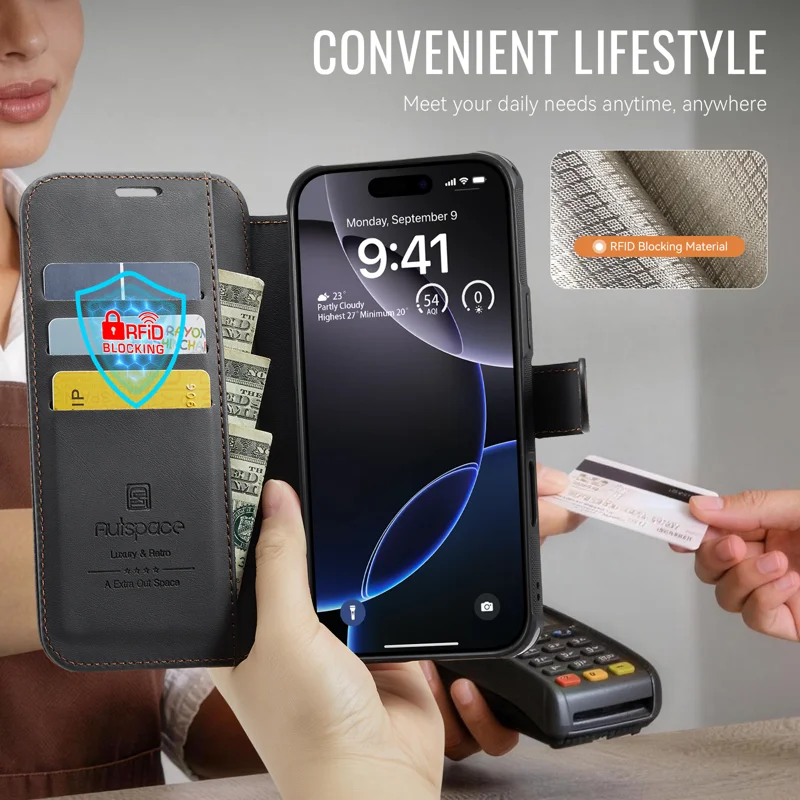 AUTSPACE for iPhone 15 Pro Max A15 Case RFID Blocking Wallet Leather Magnetic Phone Cover - Black - 7