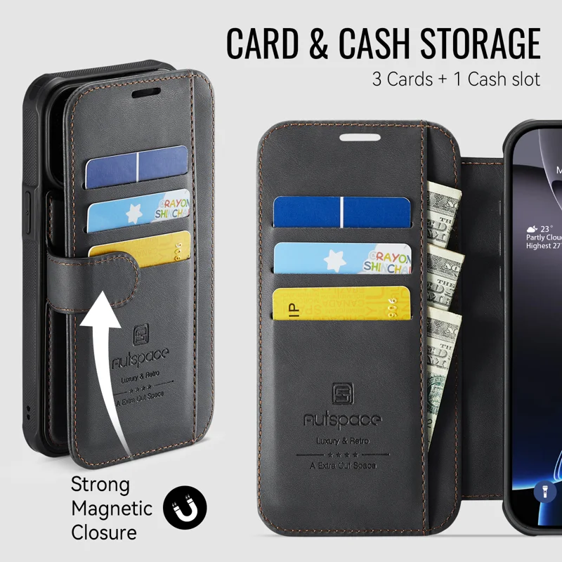 AUTSPACE for iPhone 15 Pro Max A15 Case RFID Blocking Wallet Leather Magnetic Phone Cover - Black - 8