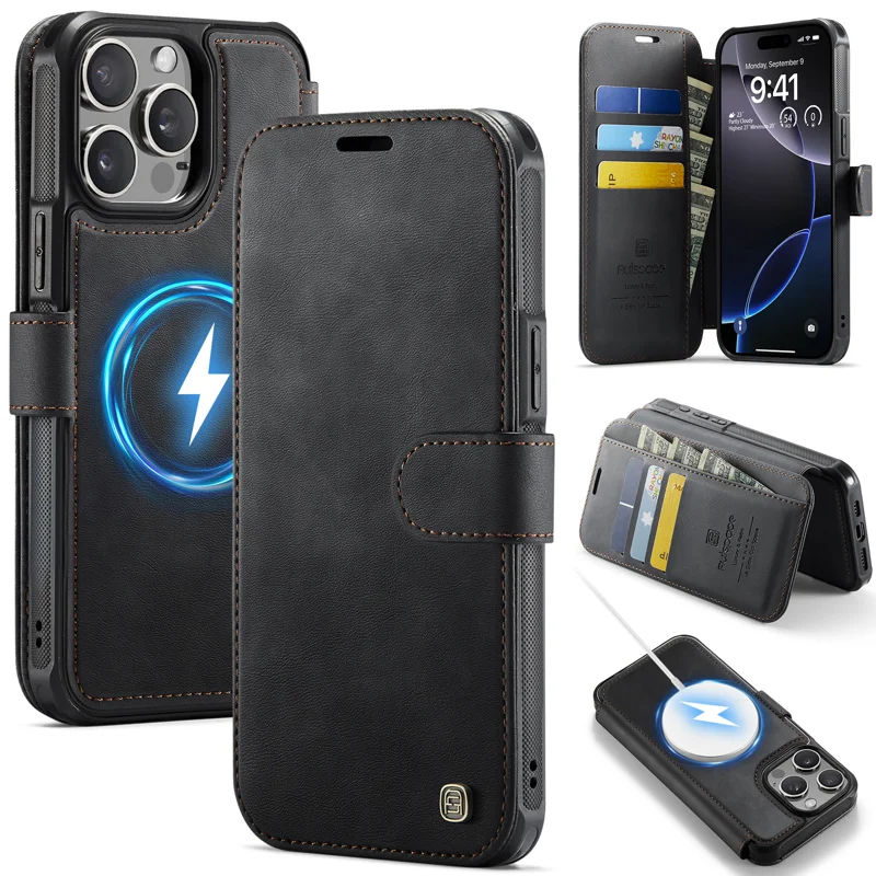 AUTSPACE for iPhone 15 Pro A15 Case RFID Blocking Wallet Leather Magnetic Phone Cover - Black - 1