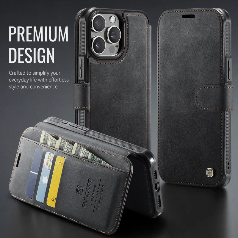 AUTSPACE for iPhone 15 Pro A15 Case RFID Blocking Wallet Leather Magnetic Phone Cover - Black - 11