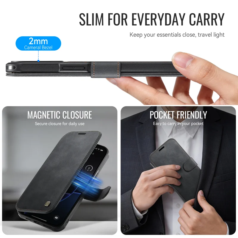 AUTSPACE for iPhone 15 Pro A15 Case RFID Blocking Wallet Leather Magnetic Phone Cover - Black - 4