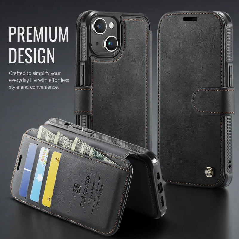 AUTSPACE for iPhone 15 A15 Case RFID Blocking Wallet Leather Magnetic Phone Cover - Black - 11