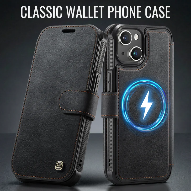 AUTSPACE for iPhone 15 A15 Case RFID Blocking Wallet Leather Magnetic Phone Cover - Black - 12