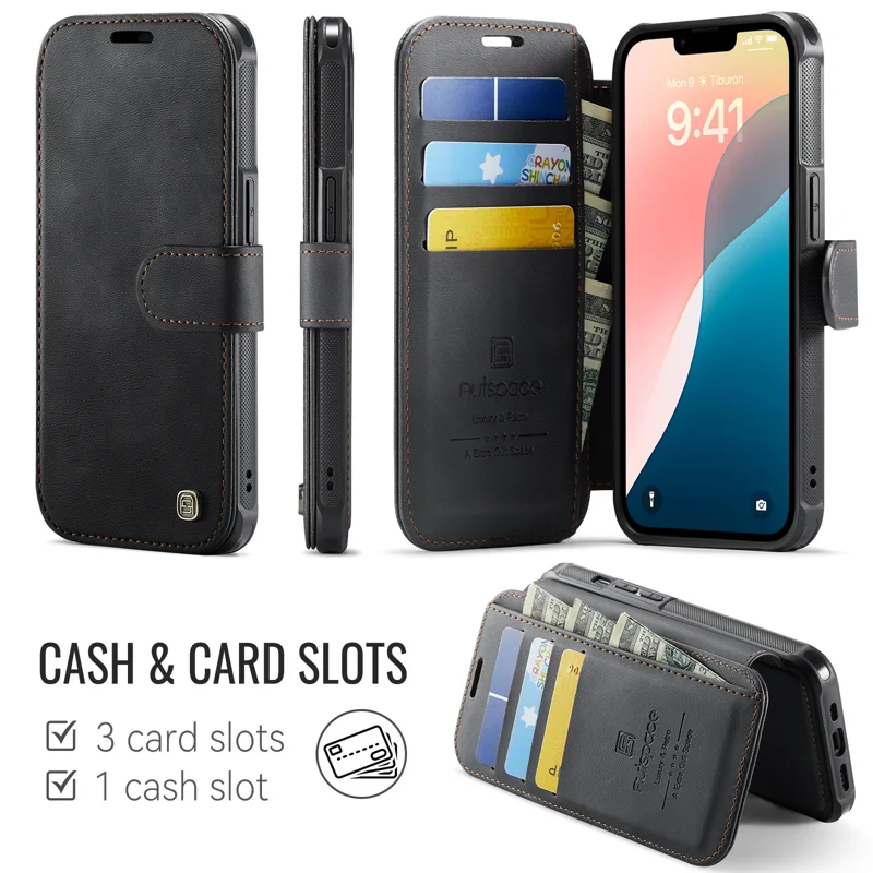 AUTSPACE for iPhone 15 A15 Case RFID Blocking Wallet Leather Magnetic Phone Cover - Black - 2