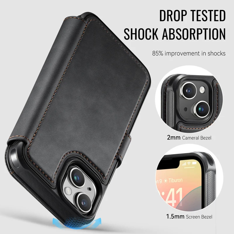 AUTSPACE for iPhone 15 A15 Case RFID Blocking Wallet Leather Magnetic Phone Cover - Black - 3