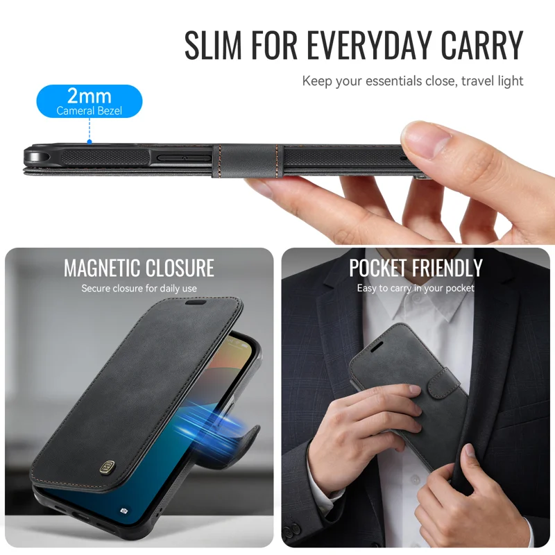 AUTSPACE for iPhone 15 A15 Case RFID Blocking Wallet Leather Magnetic Phone Cover - Black - 4