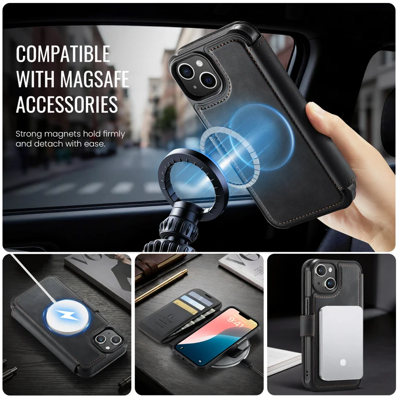 AUTSPACE for iPhone 15 A15 Case RFID Blocking Wallet Leather Magnetic Phone Cover - Black - 6