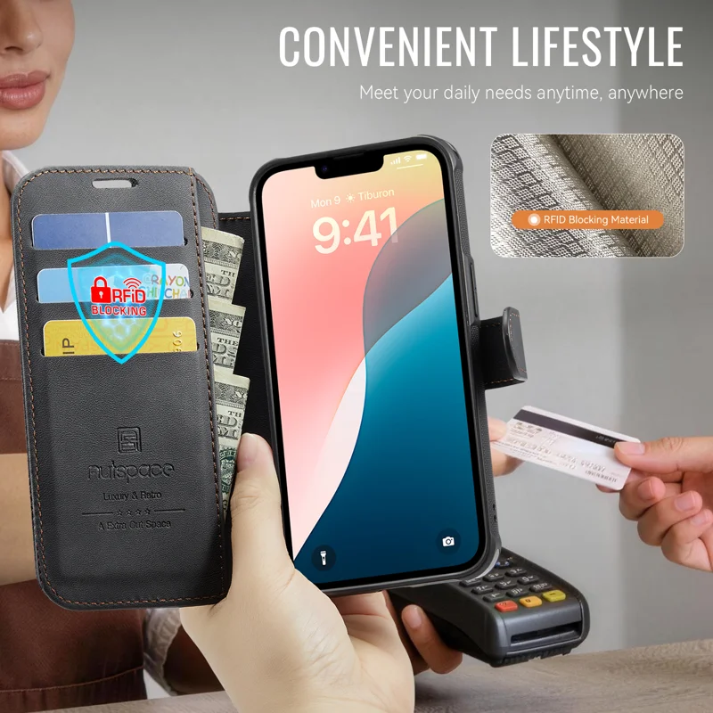 AUTSPACE for iPhone 15 A15 Case RFID Blocking Wallet Leather Magnetic Phone Cover - Black - 7
