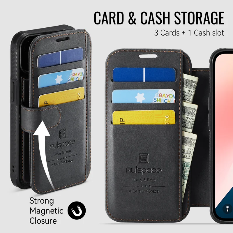 AUTSPACE for iPhone 15 A15 Case RFID Blocking Wallet Leather Magnetic Phone Cover - Black - 8
