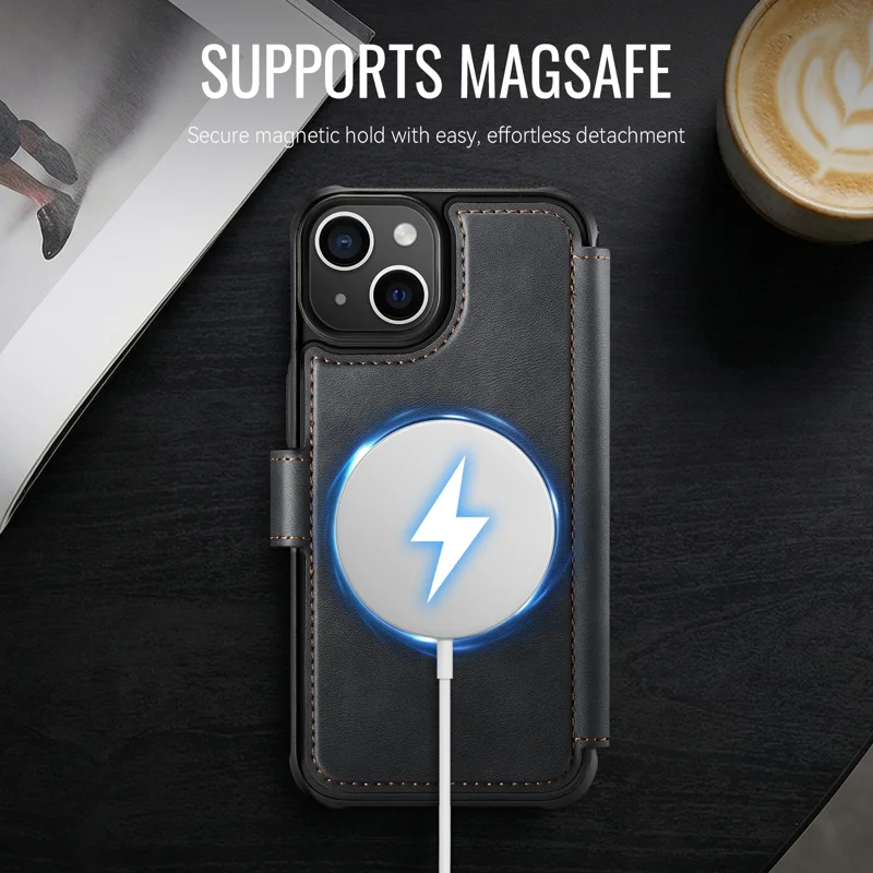 AUTSPACE for iPhone 15 A15 Case RFID Blocking Wallet Leather Magnetic Phone Cover - Black - 9