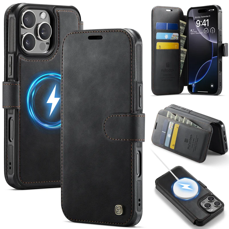 AUTSPACE for iPhone 16 Pro Max A15 Case RFID Blocking Wallet Leather Magnetic Phone Cover - Black - 1