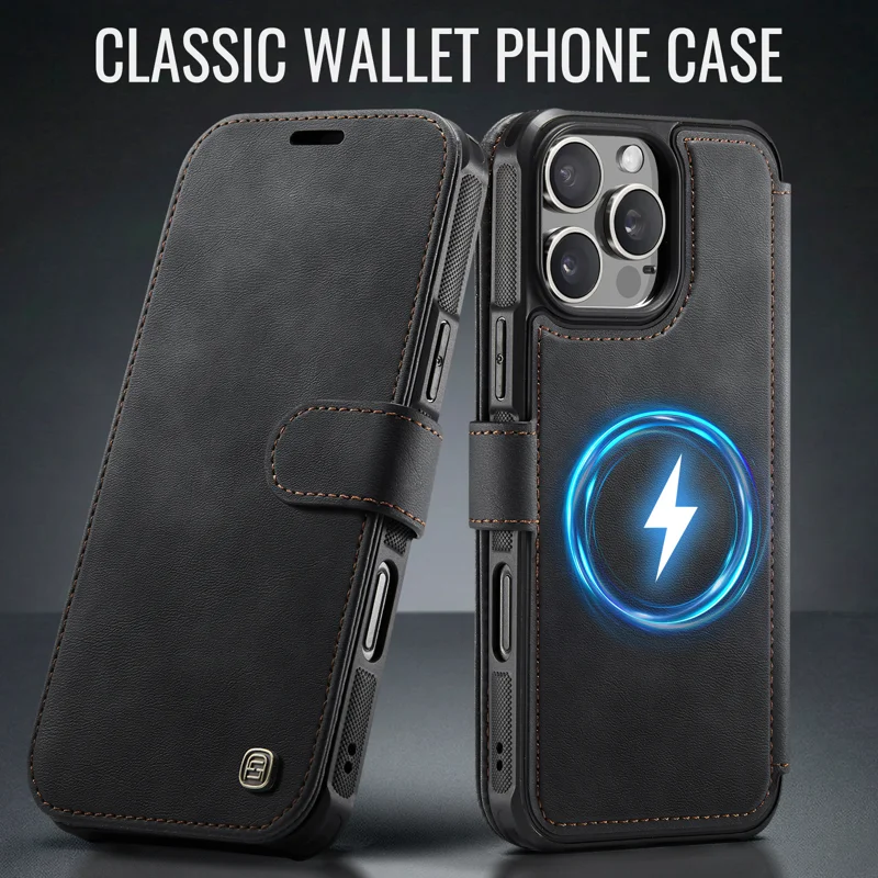 AUTSPACE for iPhone 16 Pro Max A15 Case RFID Blocking Wallet Leather Magnetic Phone Cover - Black - 12
