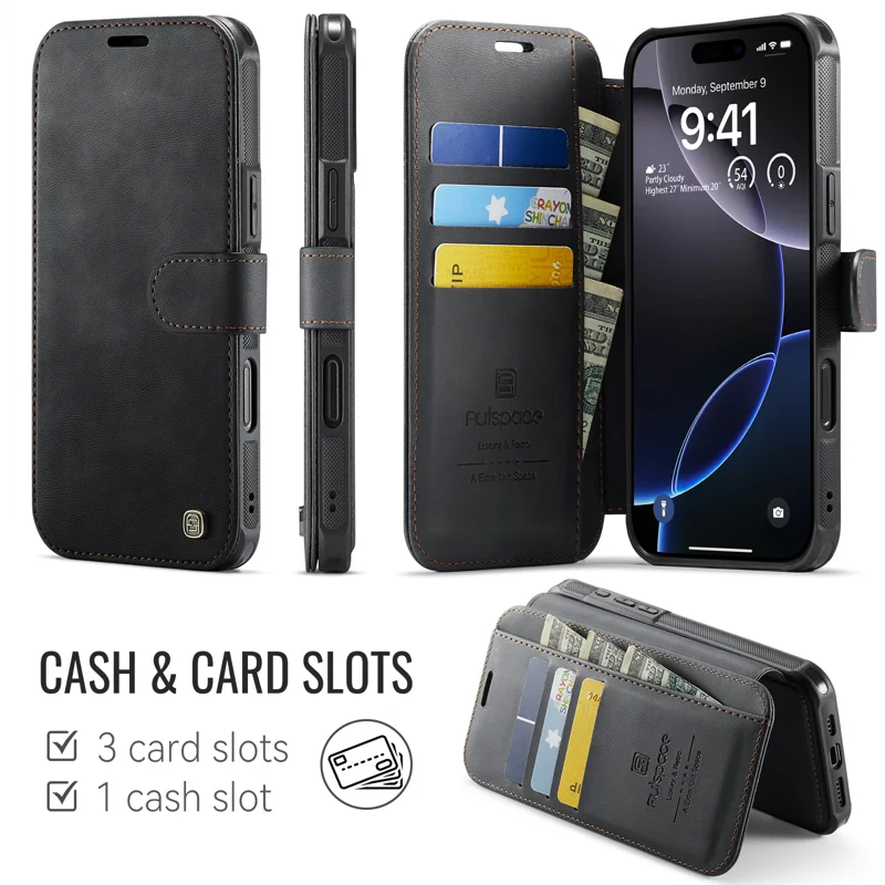 AUTSPACE for iPhone 16 Pro Max A15 Case RFID Blocking Wallet Leather Magnetic Phone Cover - Black - 2