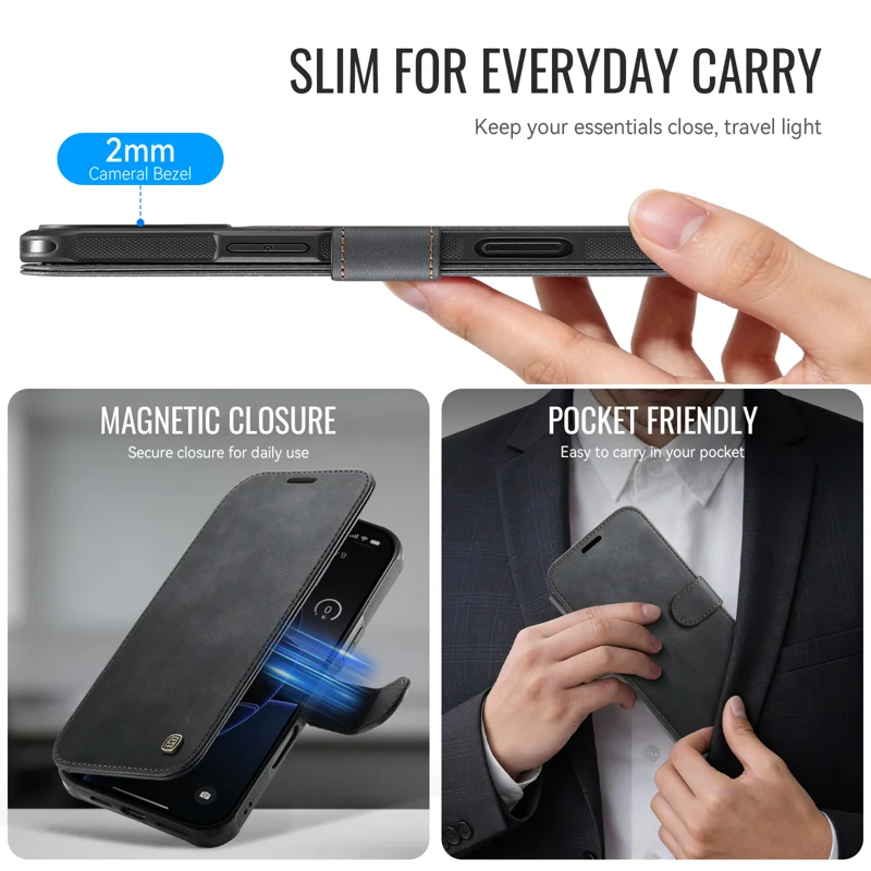 AUTSPACE for iPhone 16 Pro Max A15 Case RFID Blocking Wallet Leather Magnetic Phone Cover - Black - 4