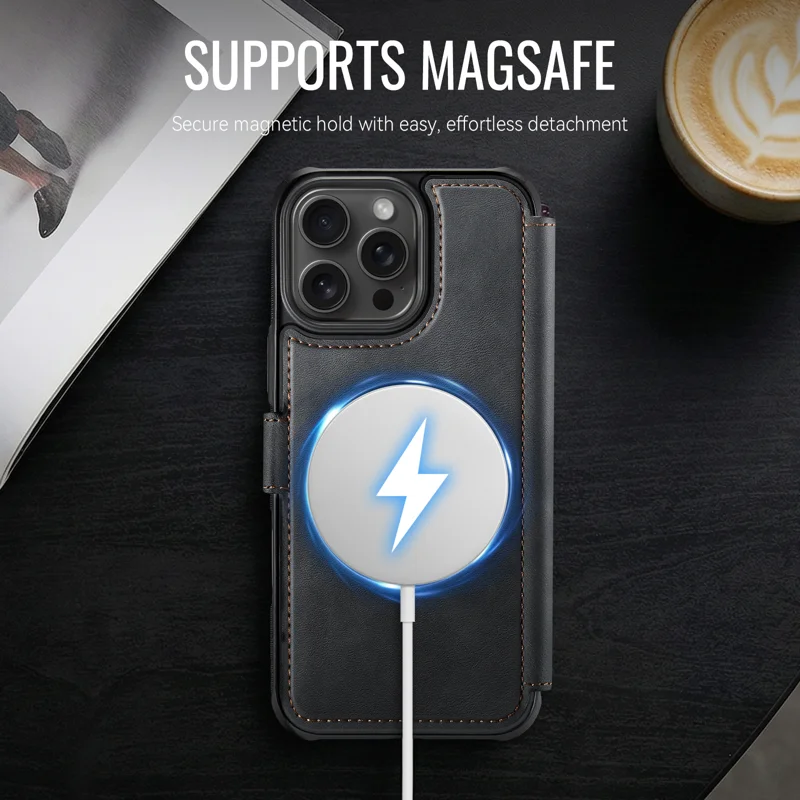 AUTSPACE for iPhone 16 Pro A15 Case RFID Blocking Wallet Leather Magnetic Phone Cover - Black - 9
