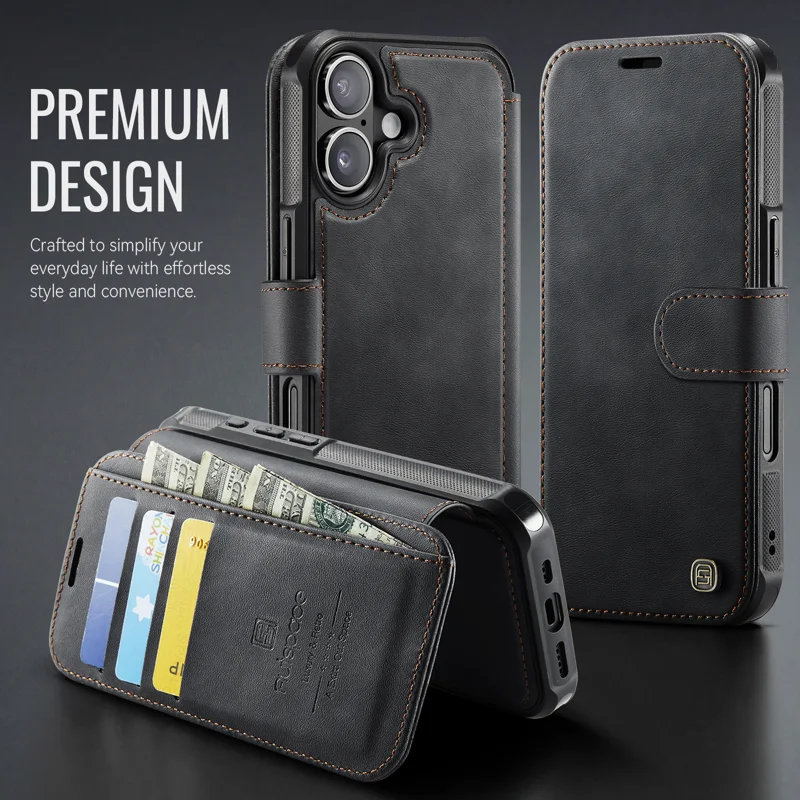 AUTSPACE for iPhone 16 A15 Case RFID Blocking Wallet Leather Magnetic Phone Cover - Black - 11