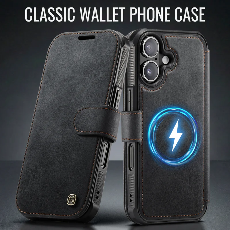 AUTSPACE for iPhone 16 A15 Case RFID Blocking Wallet Leather Magnetic Phone Cover - Black - 12