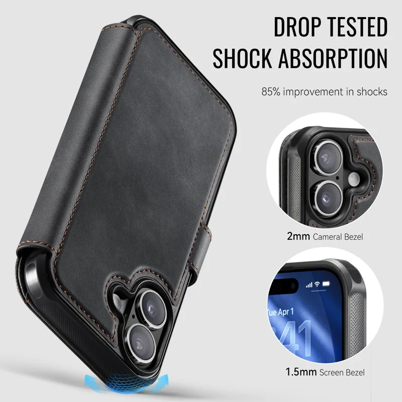 AUTSPACE for iPhone 16 A15 Case RFID Blocking Wallet Leather Magnetic Phone Cover - Black - 3