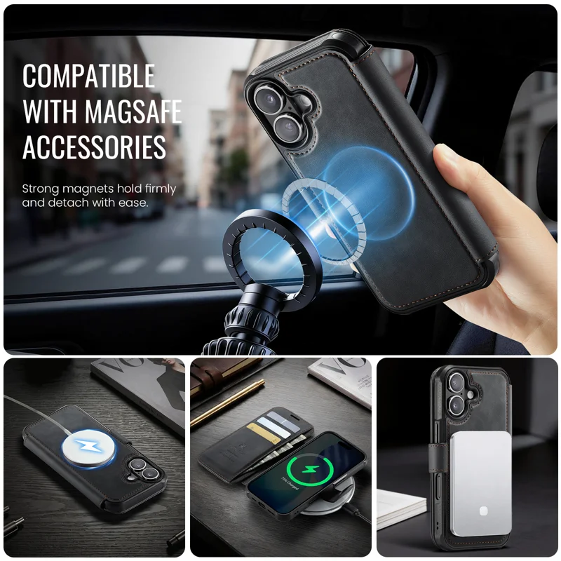 AUTSPACE for iPhone 16 A15 Case RFID Blocking Wallet Leather Magnetic Phone Cover - Black - 6