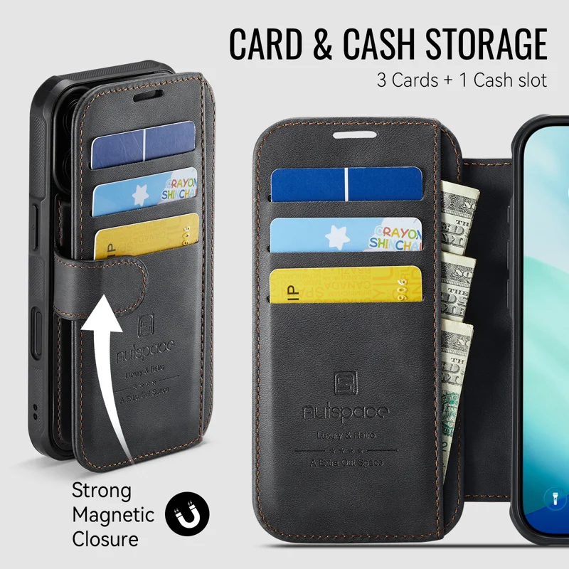 AUTSPACE for iPhone 16 A15 Case RFID Blocking Wallet Leather Magnetic Phone Cover - Black - 8