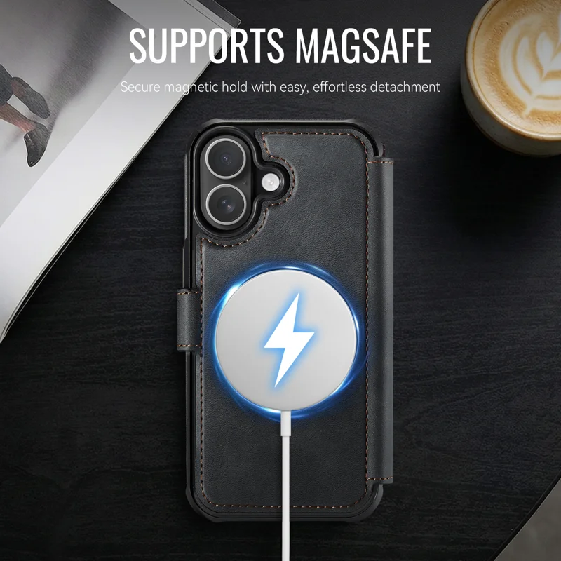 AUTSPACE for iPhone 16 A15 Case RFID Blocking Wallet Leather Magnetic Phone Cover - Black - 9