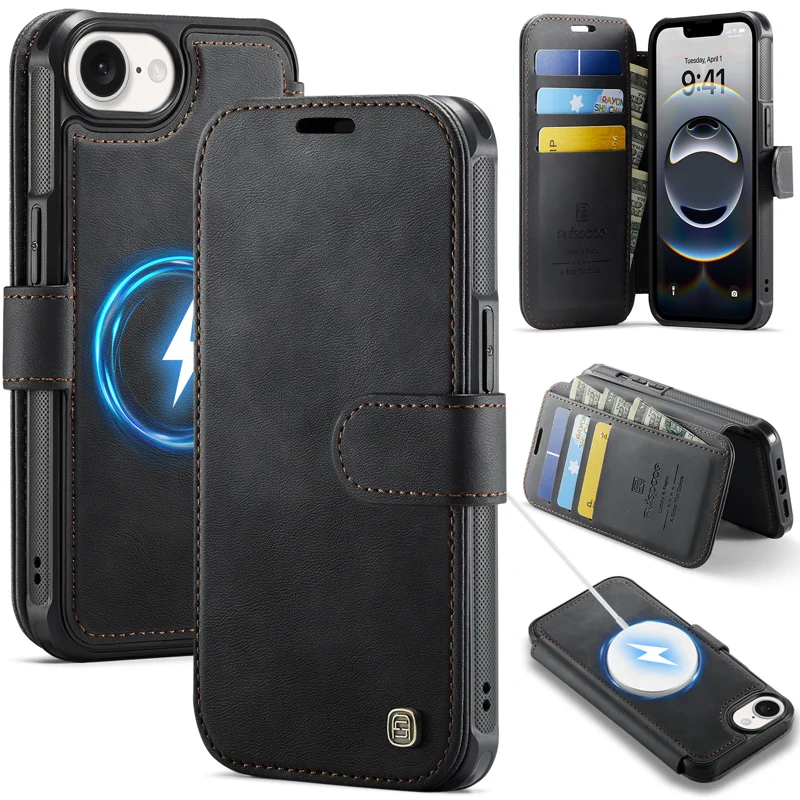 AUTSPACE for iPhone 17e / iPhone 16e A15 Case RFID Blocking Wallet Leather Magnetic Phone Cover - Black - 1