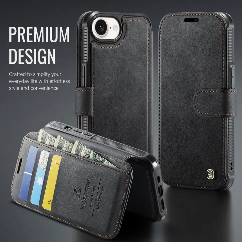 AUTSPACE for iPhone 17e / iPhone 16e A15 Case RFID Blocking Wallet Leather Magnetic Phone Cover - Black - 11
