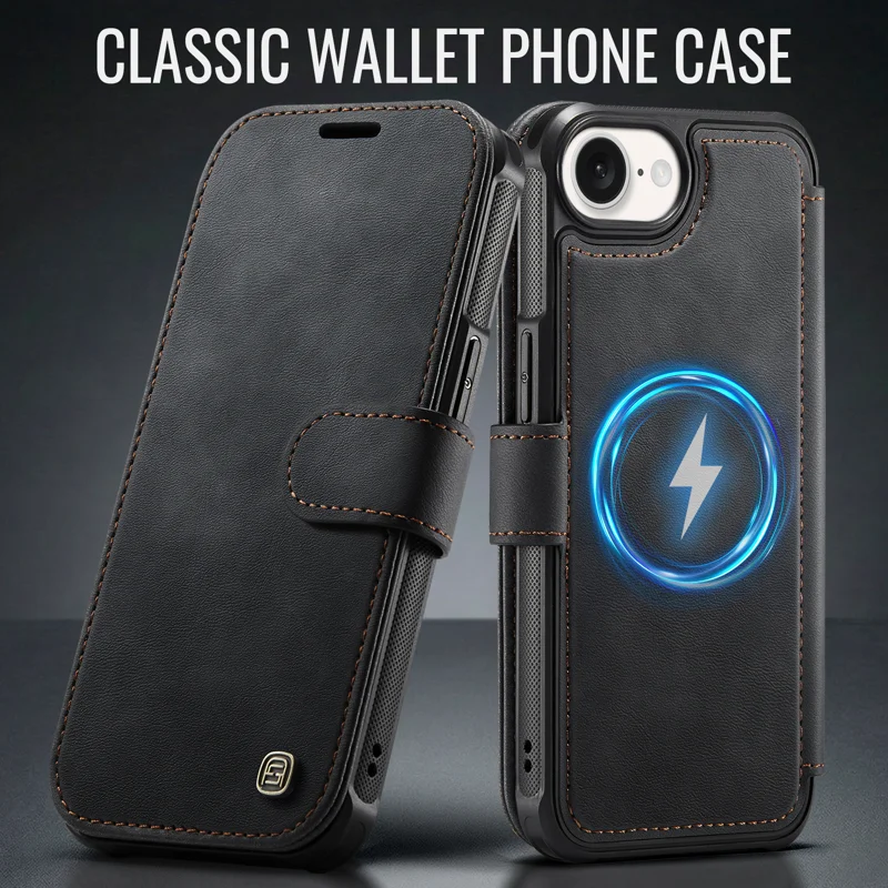 AUTSPACE for iPhone 17e / iPhone 16e A15 Case RFID Blocking Wallet Leather Magnetic Phone Cover - Black - 12