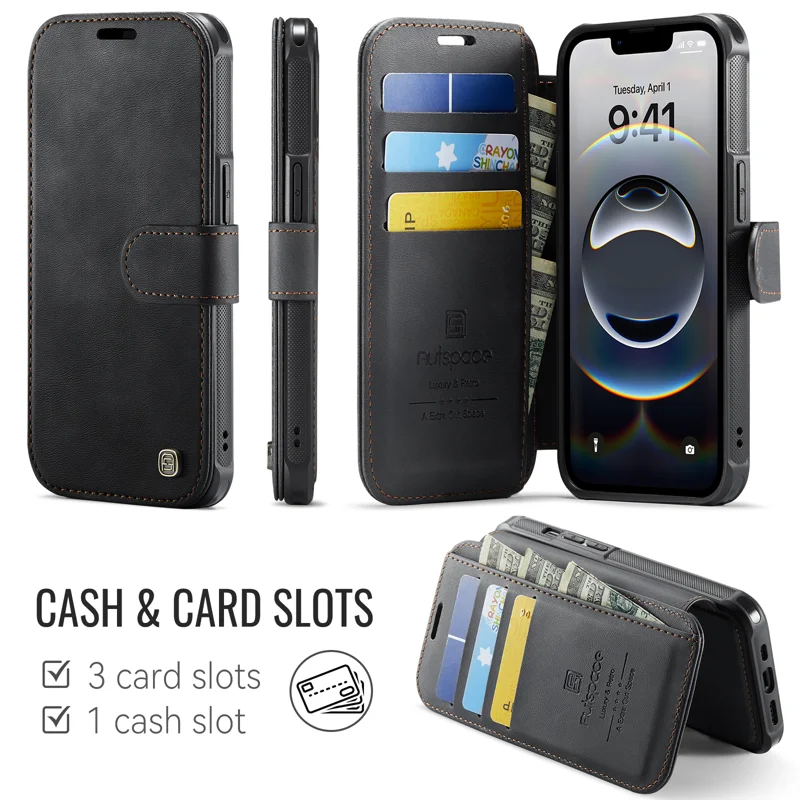 AUTSPACE for iPhone 17e / iPhone 16e A15 Case RFID Blocking Wallet Leather Magnetic Phone Cover - Black - 2