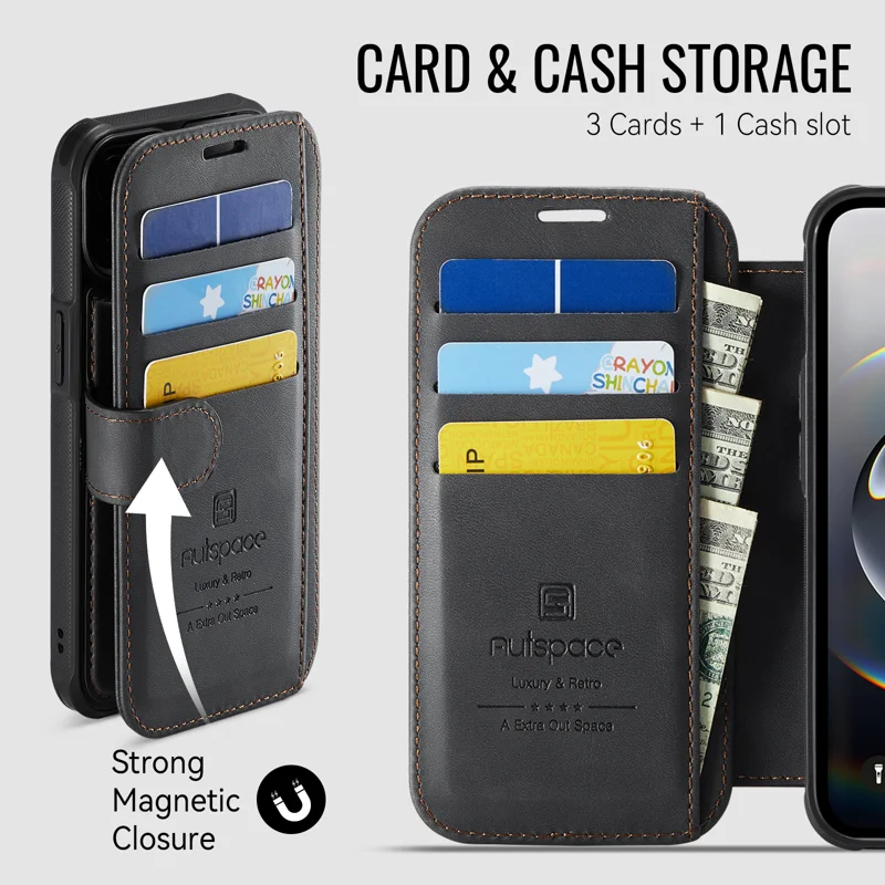AUTSPACE for iPhone 17e / iPhone 16e A15 Case RFID Blocking Wallet Leather Magnetic Phone Cover - Black - 8