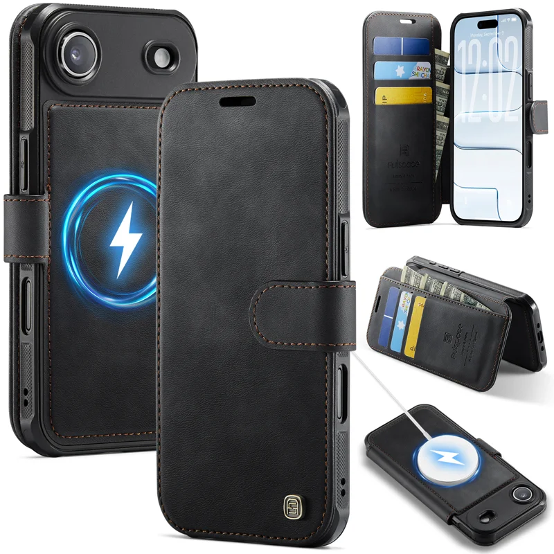 AUTSPACE for iPhone Air A15 Case RFID Blocking Wallet Leather Magnetic Phone Cover - Black - 1