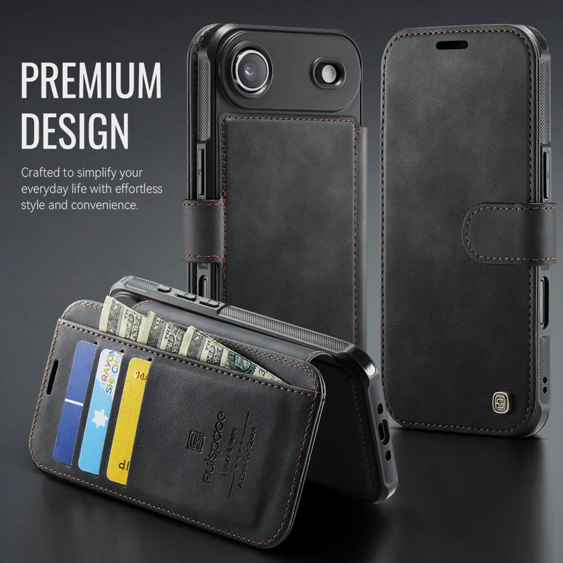 AUTSPACE for iPhone Air A15 Case RFID Blocking Wallet Leather Magnetic Phone Cover - Black - 11