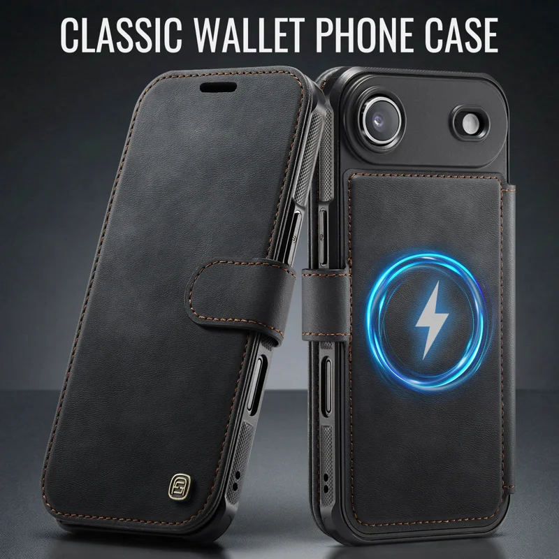 AUTSPACE for iPhone Air A15 Case RFID Blocking Wallet Leather Magnetic Phone Cover - Black - 12