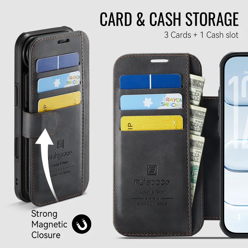AUTSPACE for iPhone Air A15 Case RFID Blocking Wallet Leather Magnetic Phone Cover - Black - 8