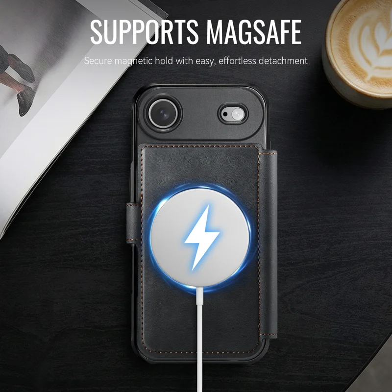 AUTSPACE for iPhone Air A15 Case RFID Blocking Wallet Leather Magnetic Phone Cover - Black - 9
