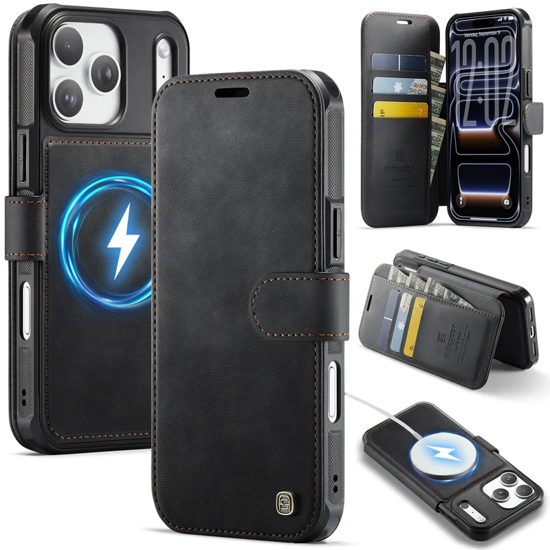 AUTSPACE for iPhone 17 Pro A15 Case RFID Blocking Wallet Leather Magnetic Phone Cover - Black - 1