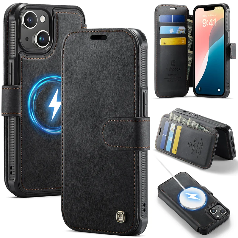 AUTSPACE for iPhone 13 A15 Case RFID Blocking Wallet Leather Magnetic Phone Cover - Black - 1
