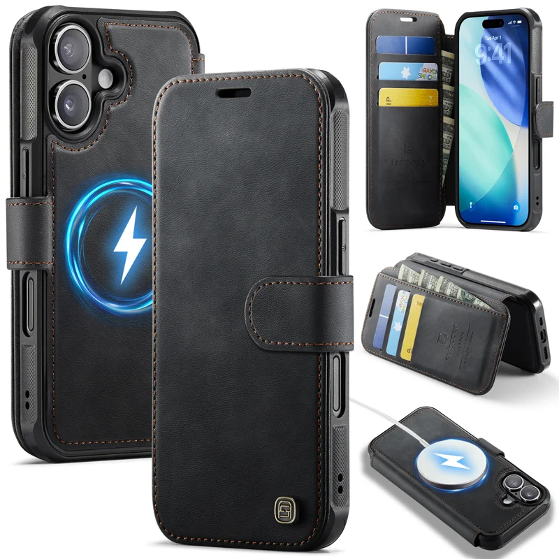 AUTSPACE for iPhone 17 A15 Case RFID Blocking Wallet Leather Magnetic Phone Cover - Black - 1
