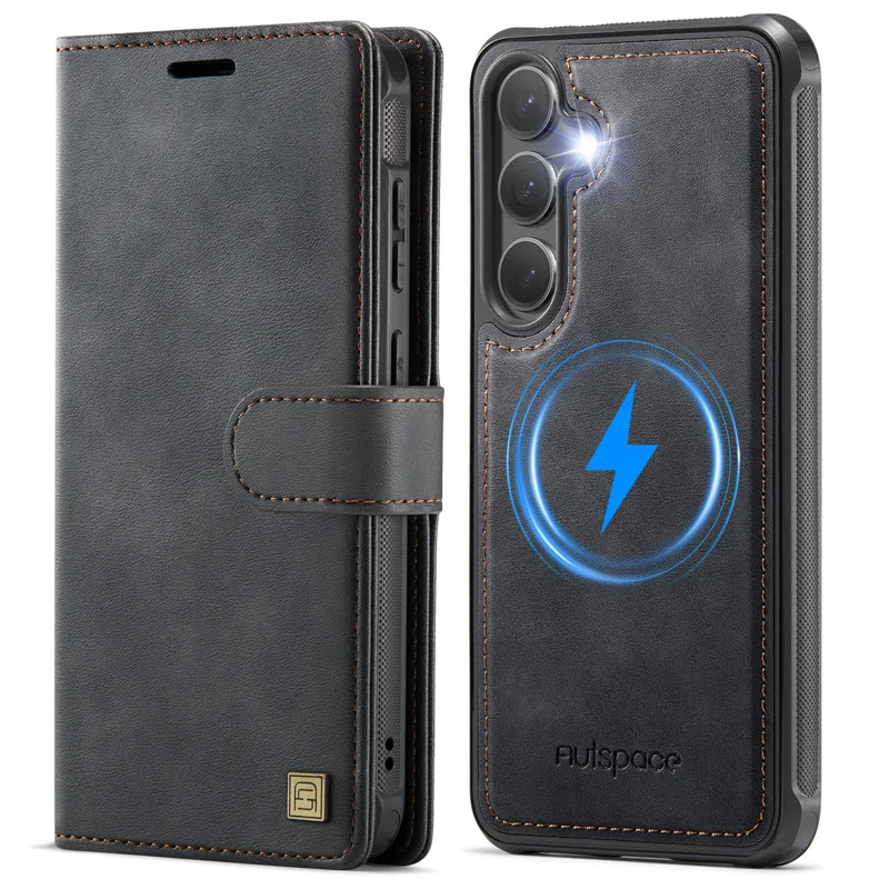 AUTSPACE for Samsung Galaxy S26 A05 Case Wallet Stand Detachable Leather Magnetic Phone Cover - Black - 1