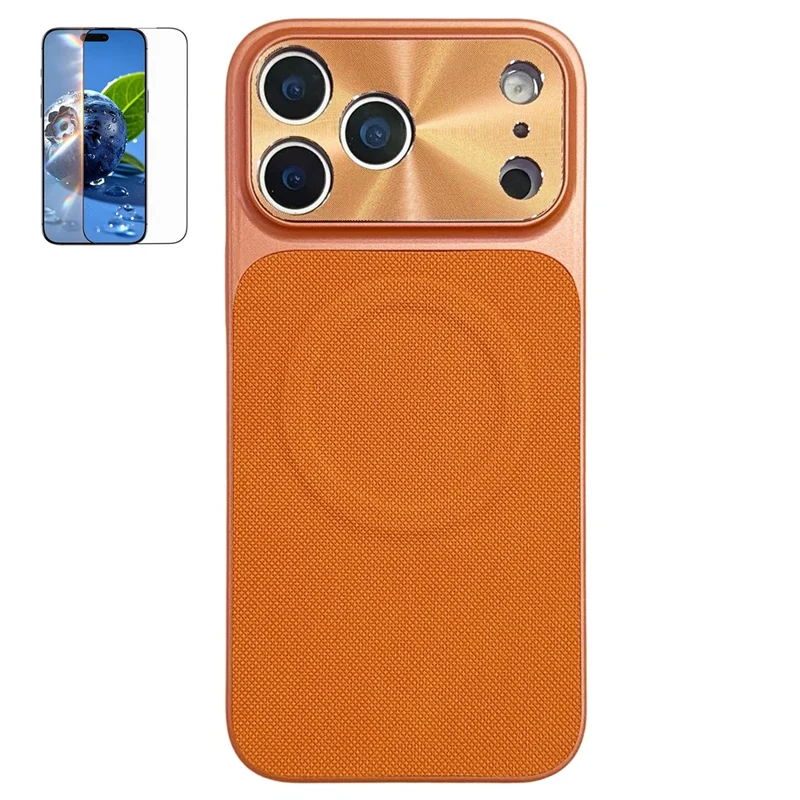 For iPhone 17 Pro Max Magnetic Case Ring Kickstand Tech Fabric Coated PC + TPU Phone Back Cover with Tempered Glass Screen Protector - Orange - 1