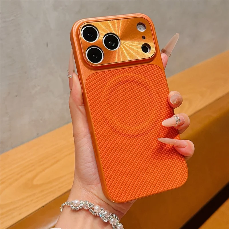 For iPhone 17 Pro Max Magnetic Case Ring Kickstand Tech Fabric Coated PC + TPU Phone Back Cover with Tempered Glass Screen Protector - Orange - 2