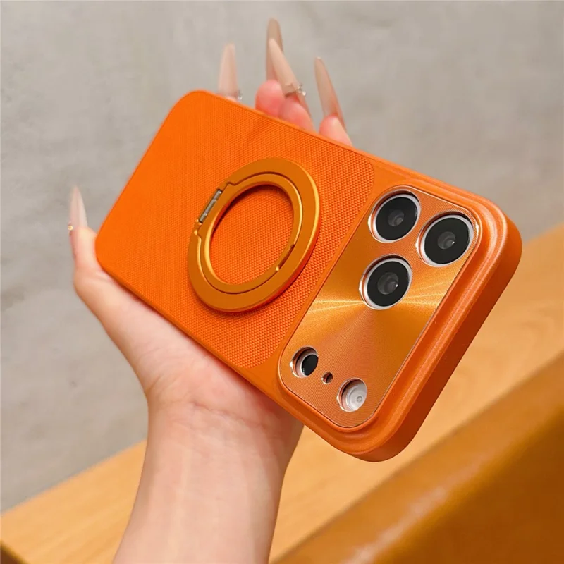 For iPhone 17 Pro Max Magnetic Case Ring Kickstand Tech Fabric Coated PC + TPU Phone Back Cover with Tempered Glass Screen Protector - Orange - 3