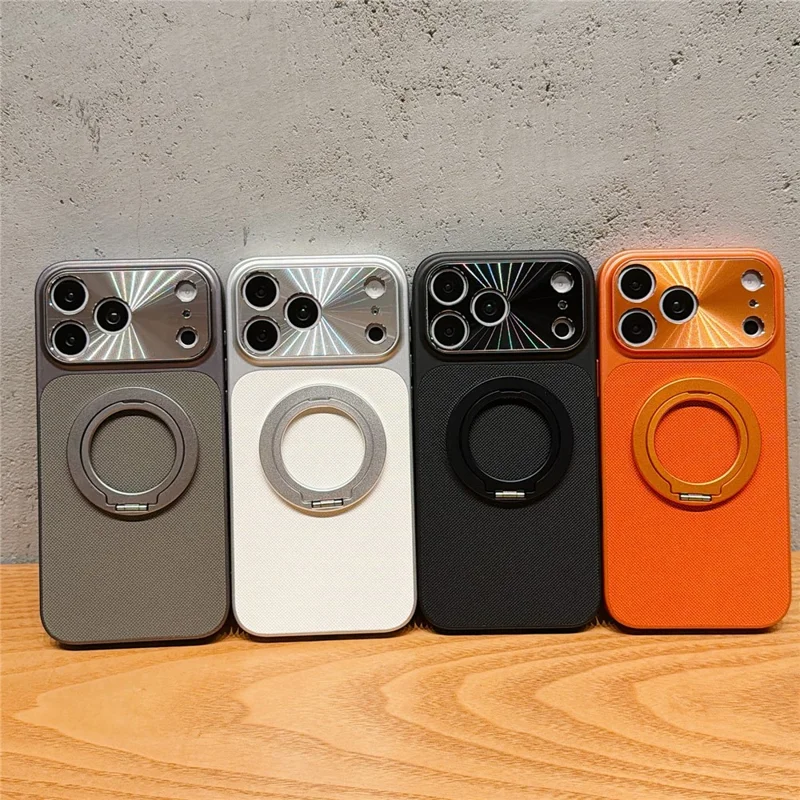 For iPhone 17 Pro Max Magnetic Case Ring Kickstand Tech Fabric Coated PC + TPU Phone Back Cover with Tempered Glass Screen Protector - Orange - 8