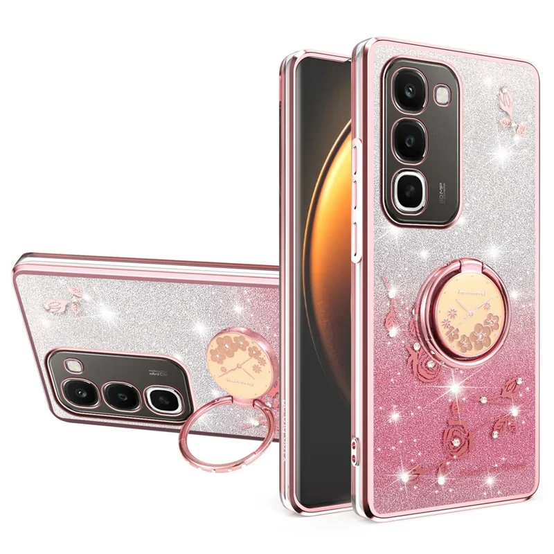 KADEM For Realme C100 4G Case Ring Kickstand TPU Flowers Phone Cover Gradient Glitter - Rose Gold - 1