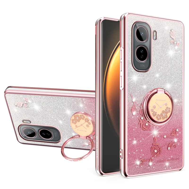 KADEM For vivo T5 Pro 5G Case Ring Kickstand TPU Flowers Phone Cover Gradient Glitter - Rose Gold - 1