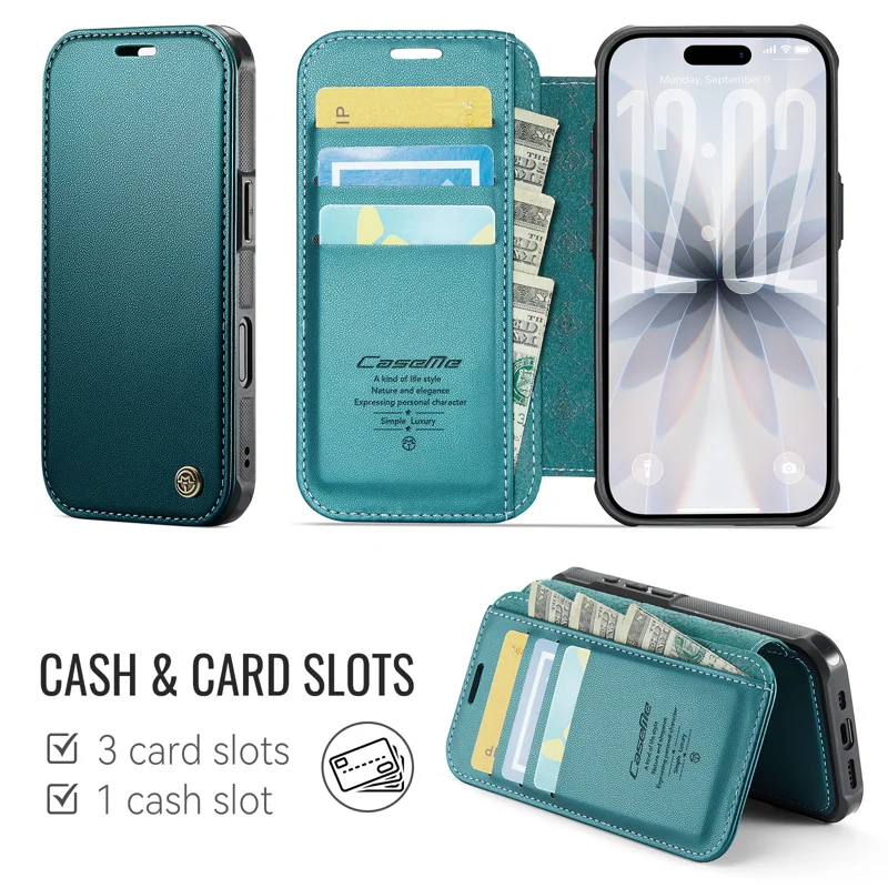 CASEME for iPhone 16 Case 053 Magnetic RFID Blocking Wallet Flip Leather Phone Cover - Blue Green - 2