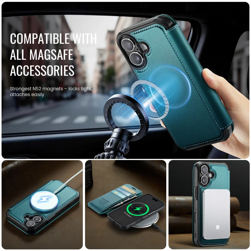 CASEME for iPhone 16 Case 053 Magnetic RFID Blocking Wallet Flip Leather Phone Cover - Blue Green - 3