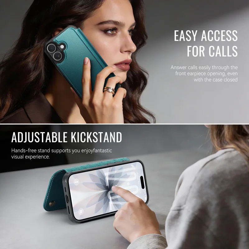 CASEME for iPhone 16 Case 053 Magnetic RFID Blocking Wallet Flip Leather Phone Cover - Blue Green - 6