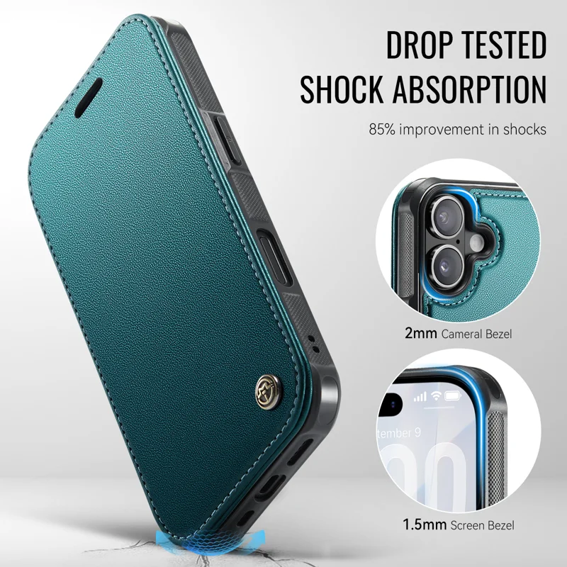 CASEME for iPhone 16 Case 053 Magnetic RFID Blocking Wallet Flip Leather Phone Cover - Blue Green - 7