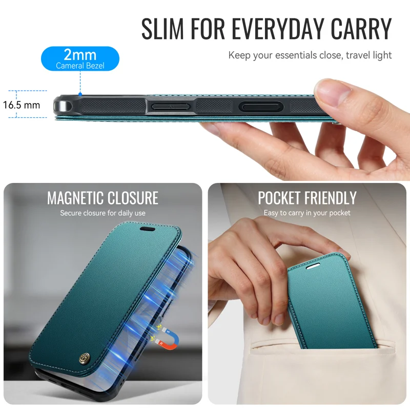 CASEME for iPhone 16 Case 053 Magnetic RFID Blocking Wallet Flip Leather Phone Cover - Blue Green - 8